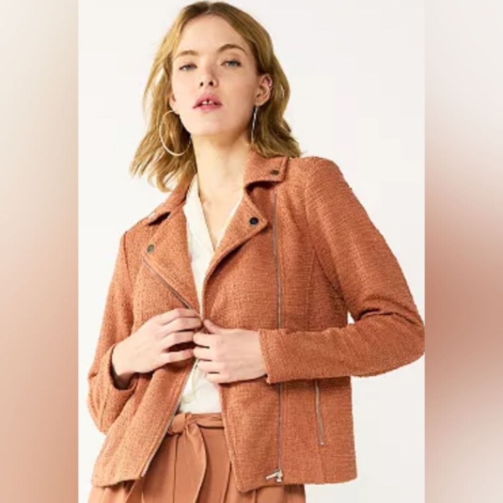 9 West Women's Textured Knit Burnt Orange Lined Moto Jacket Large